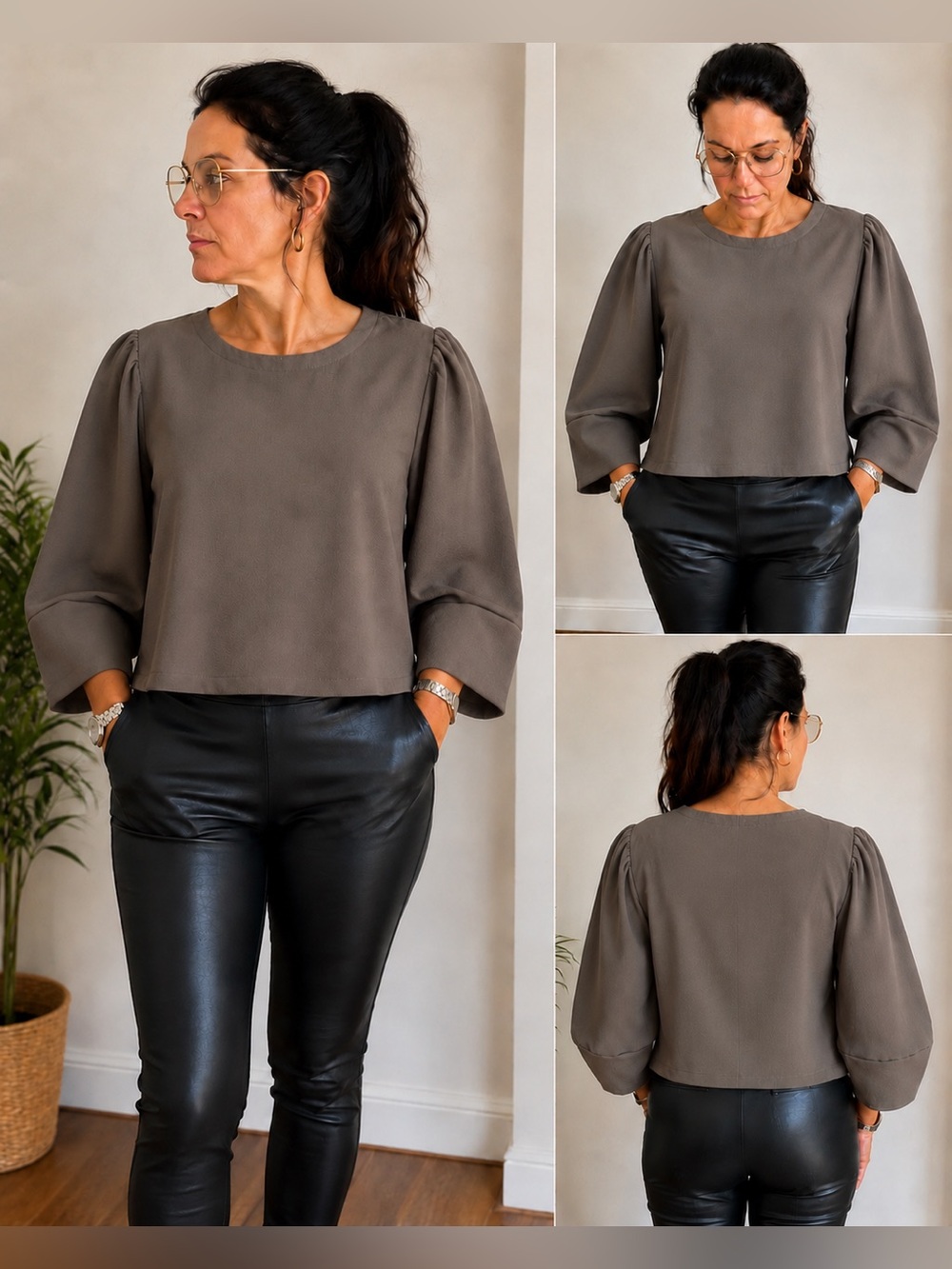 Handmade Cielo Top Taupe Crepe Puff Sleeve Blouse Size M NWT